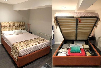 Simplicity King Size Storage Bed in Omega Velvet Sienna