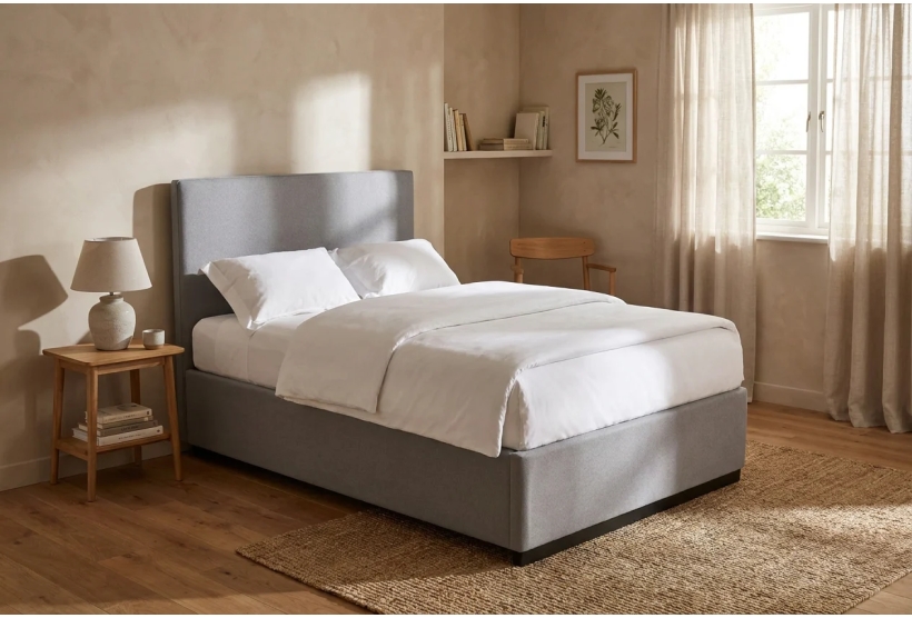 Max storage bed in a calm bedroom, shown in Alpaka Cloud with an optional headboard