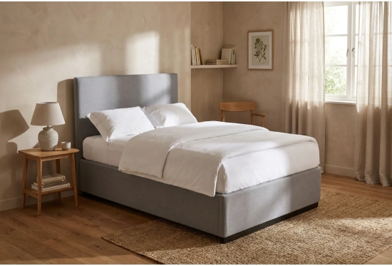 Max storage bed in a calm bedroom, shown in Alpaka Cloud with an optional headboard