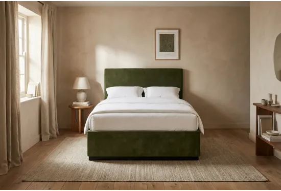 Max storage bed in a calm bedroom, shown in Alpaka Cloud with an optional headboard 2
