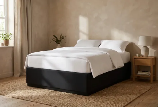 Max storage bed in a calm bedroom, shown in Alpaka Cloud with an optional headboard 2