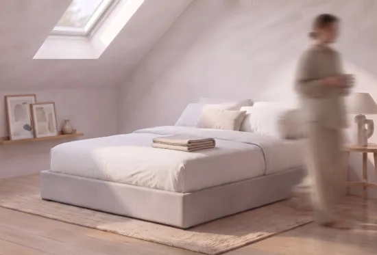 Low ottoman bed without a headboard in a loft bedroom