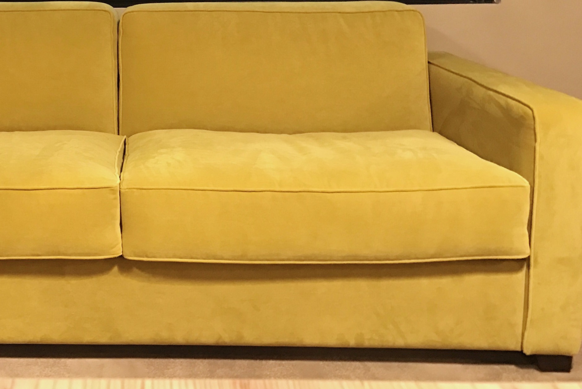 4-seater Duette in Omega Velvet in Wattle. Available to see at our London Showroom