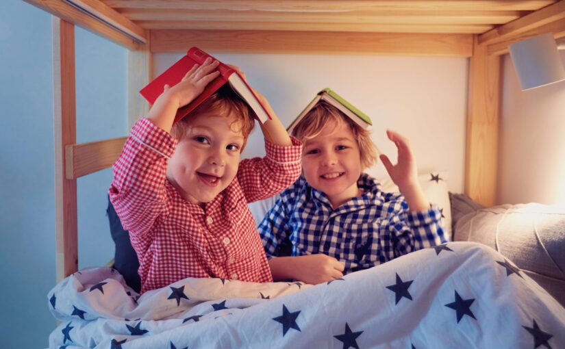 Two boys in bed with books