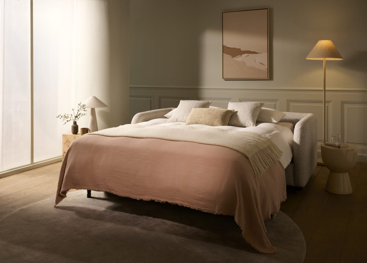 Cocoon bed open in room — wide morning shot