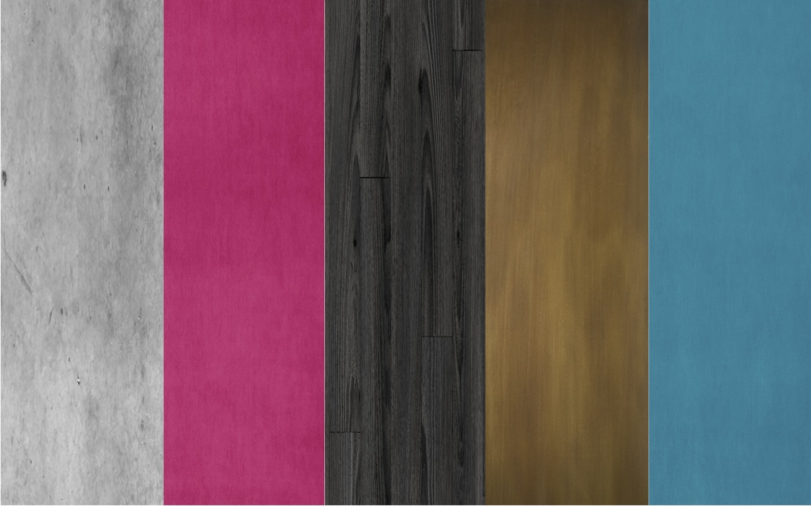 Exposed concrete, hot pink, dark woods, bronze and vibrant turquoise