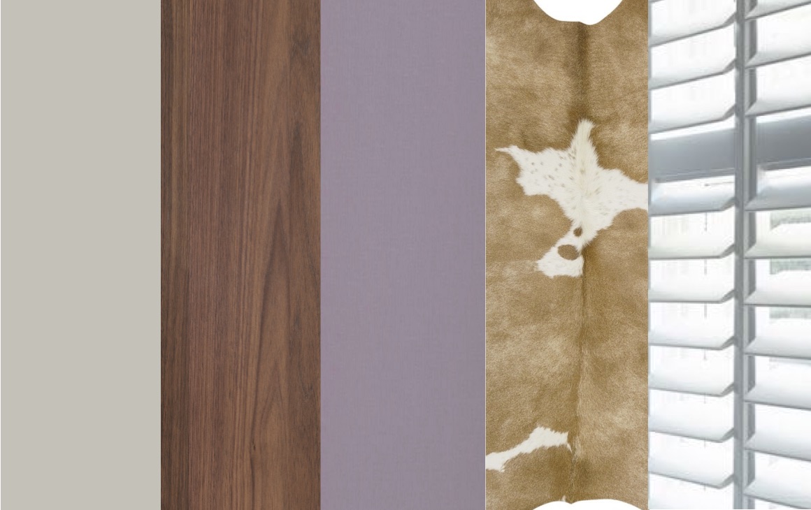 Soft grey paint, walnut wood, lilac linen, cowhide rug and white shutters
