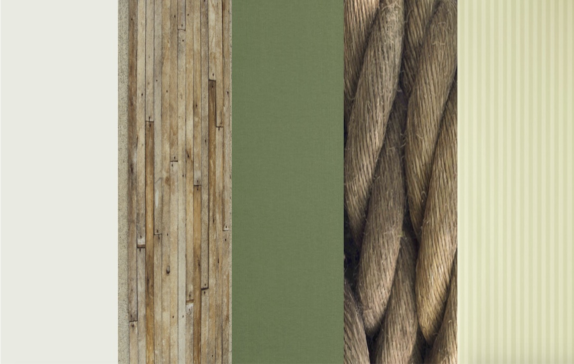 Off white linen, reclaimed wooden furniture, green bedlinen, rope details and striped accessories