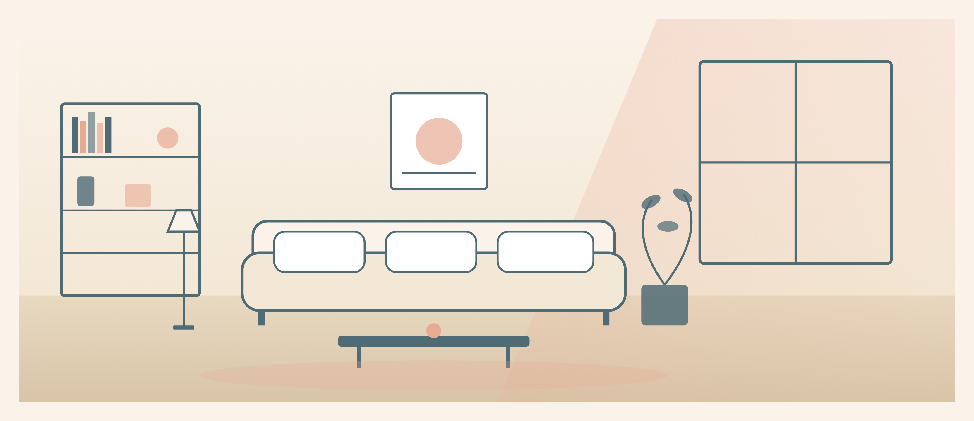 A serene, minimalist living room illustration in Furl's brand palette — sunlit sofa, bookcase and coffee table