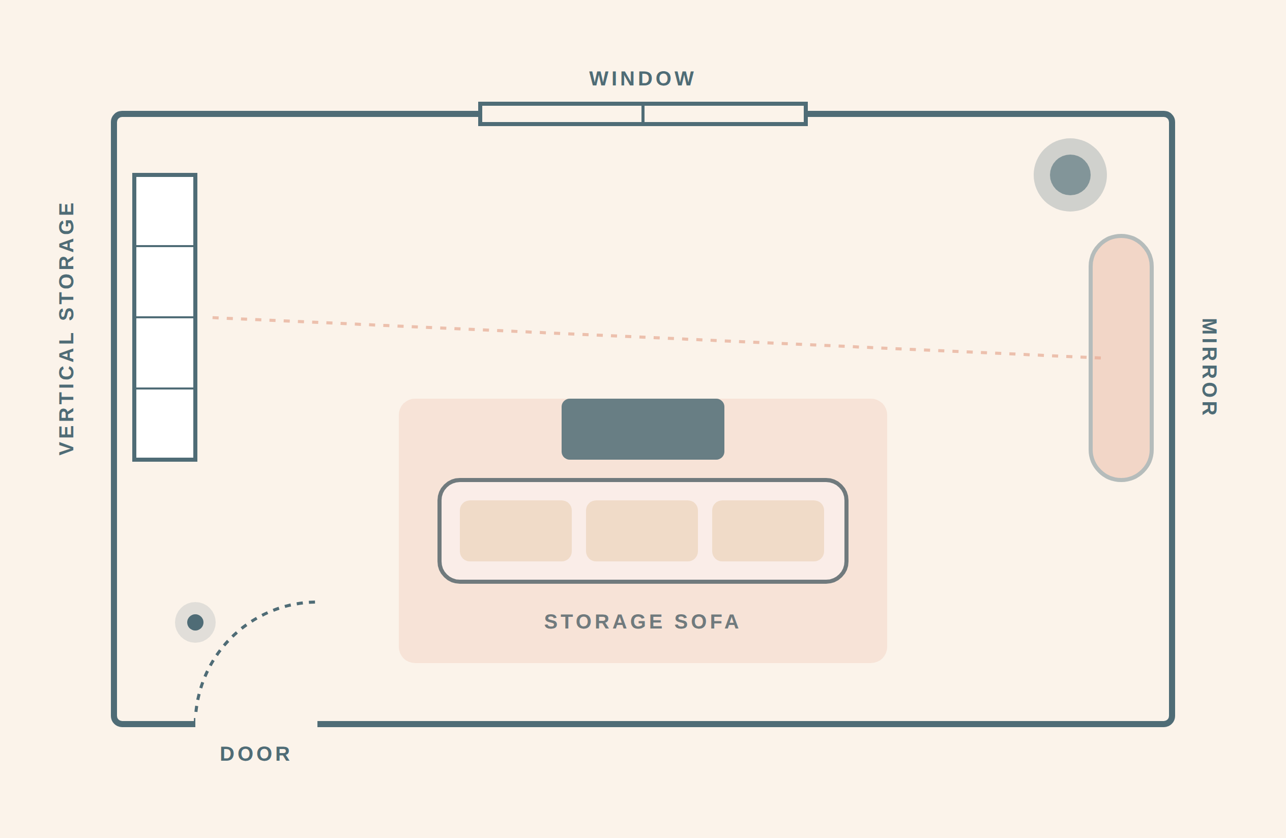 Top-down floorplan of a small living room with storage sofa, vertical bookcase and mirror opposite