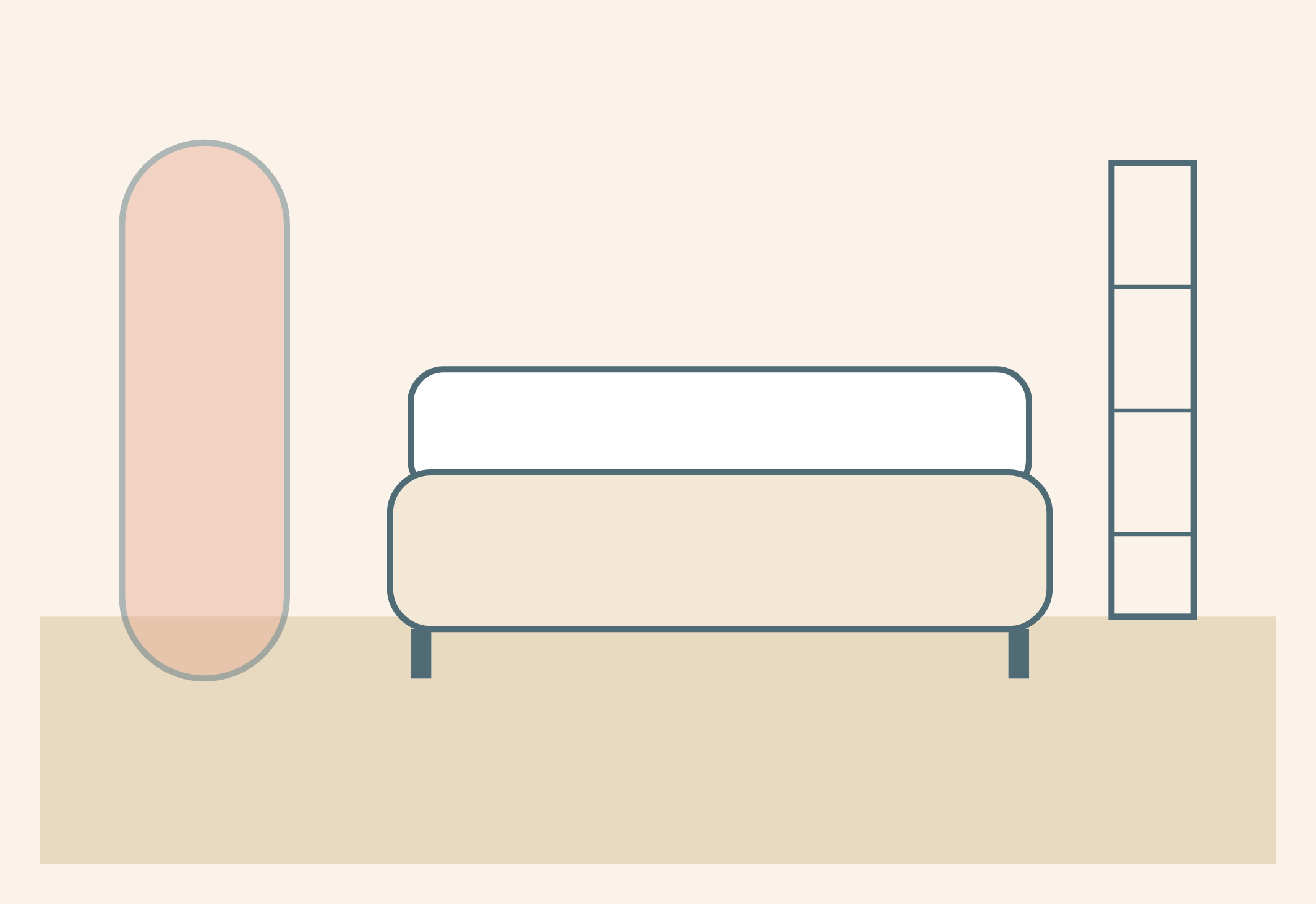 A sofa bed opposite a floor-length mirror with vertical shelving