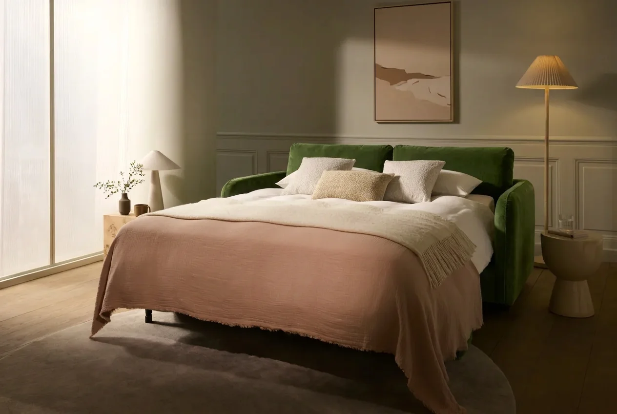 Green velvet Cocoon Sofa Bed opened out as a made-up double bed