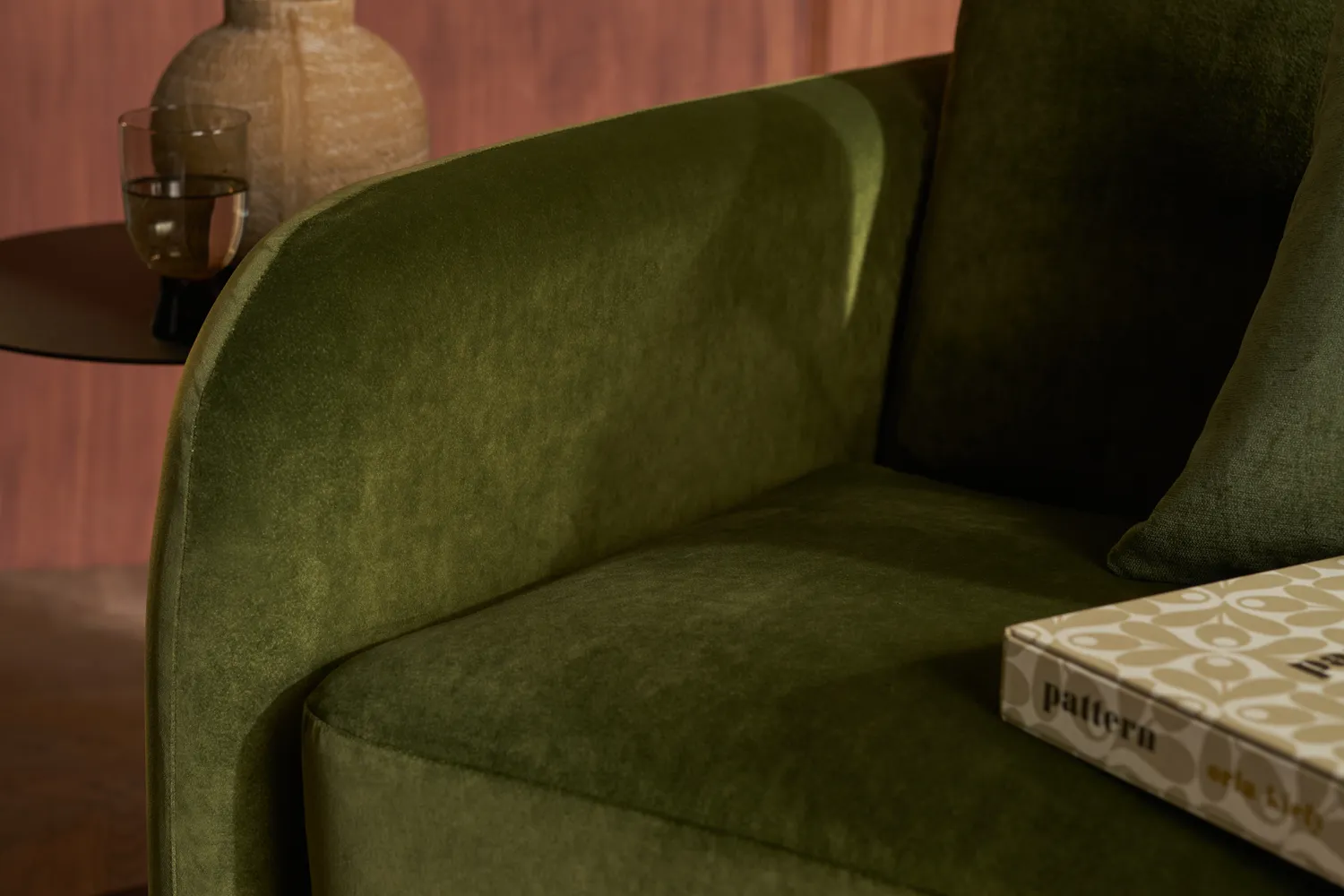 Grass green velvet on a Furl Cocoon Sofa Bed, close up