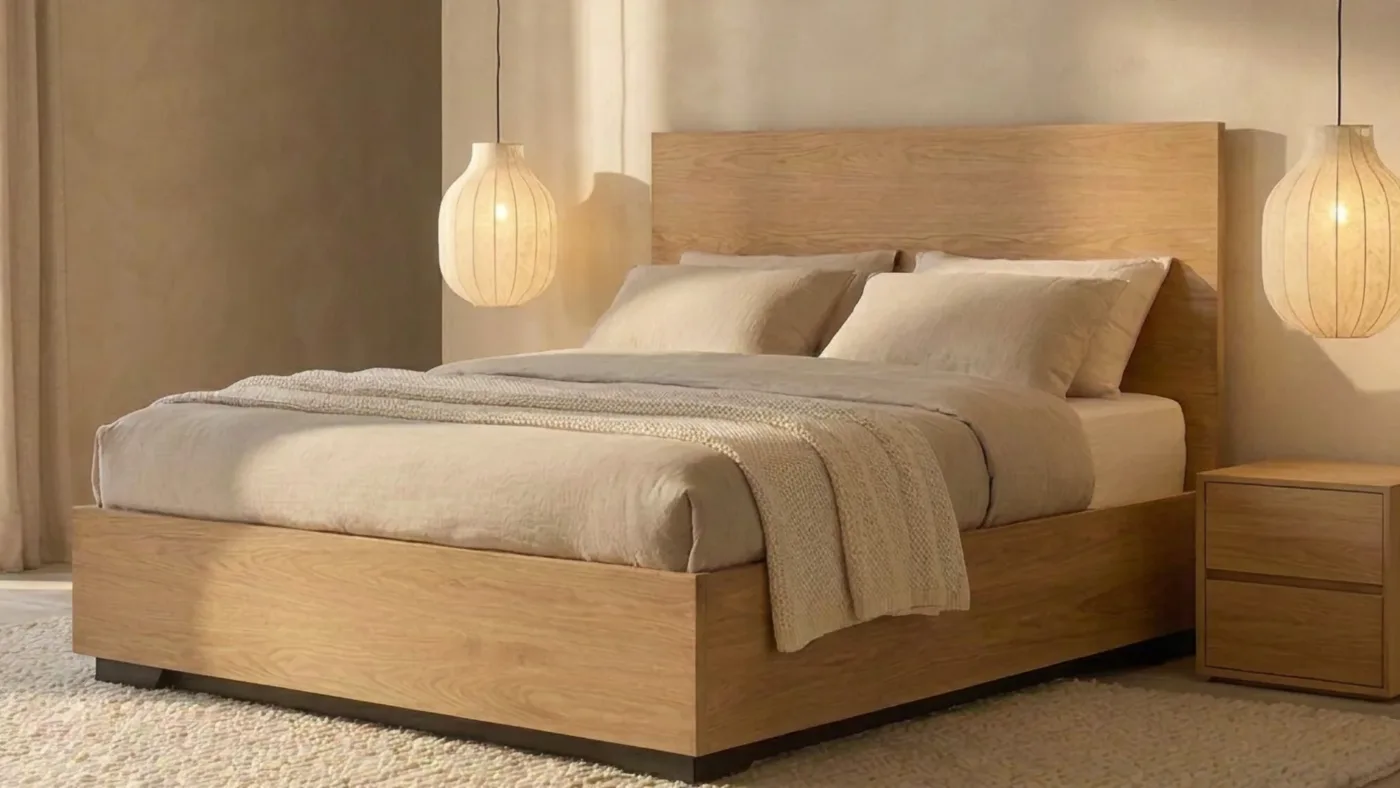 Max Wood oak ottoman bed sitting low on a plinth