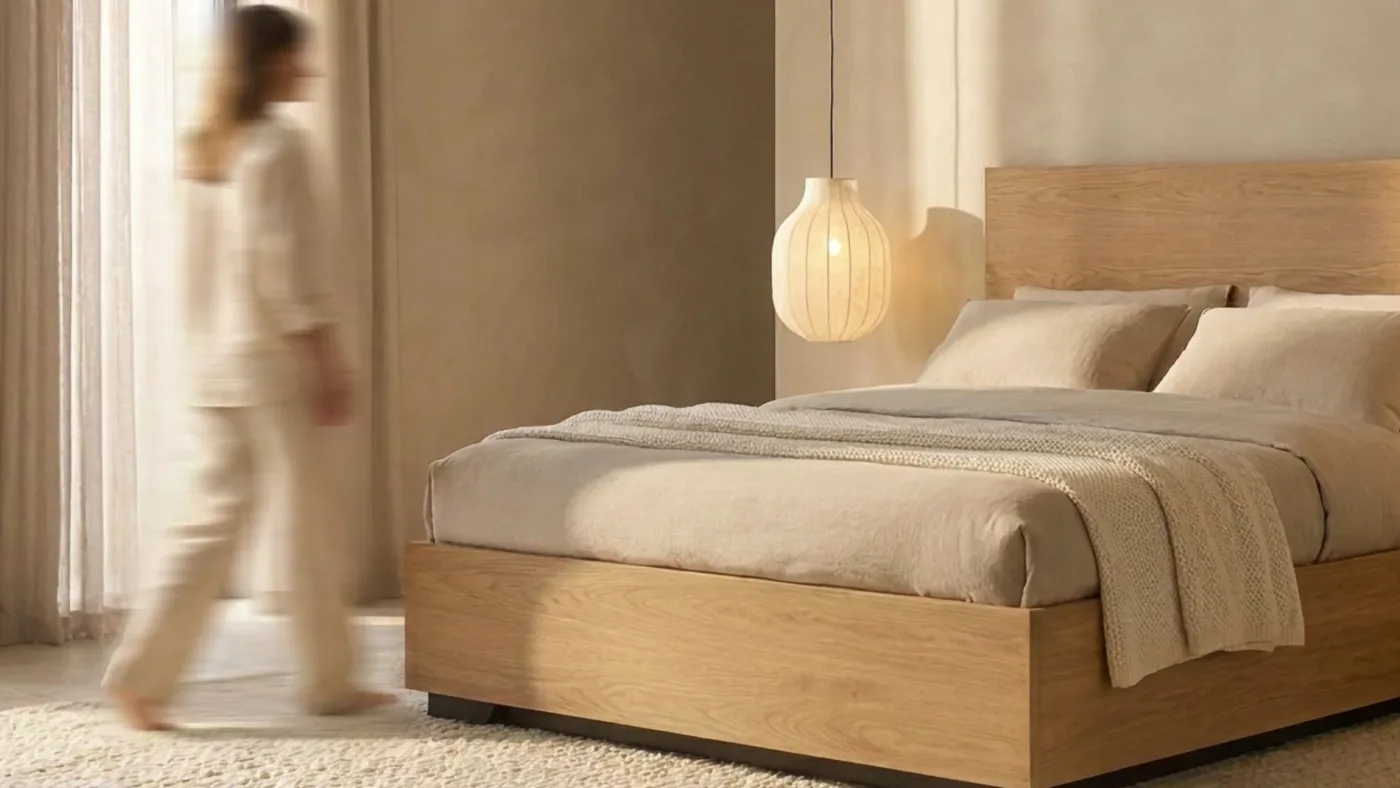 Max Wood oak ottoman bed in a calm, sunlit bedroom