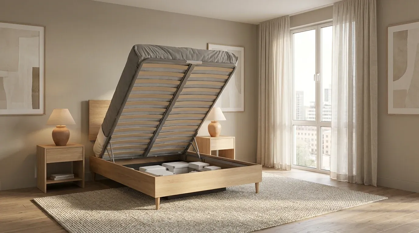 Oak wooden ottoman bed with the gas lift base open, showing deep storage