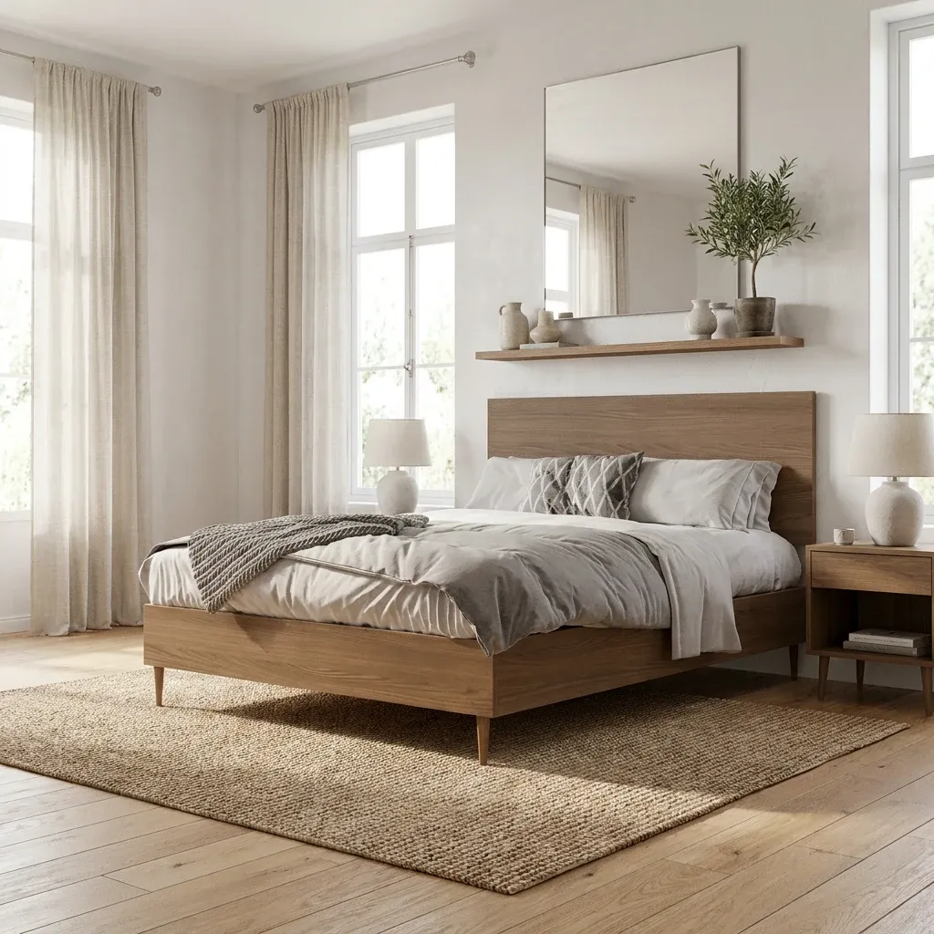 King size oak wooden ottoman bed in a calm bedroom