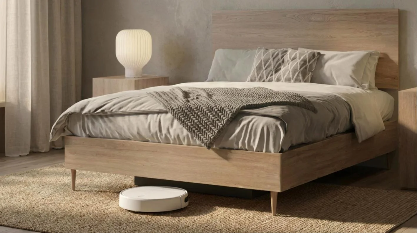White robot vacuum gliding under an oak Air Wood ottoman bed on slim tapered legs