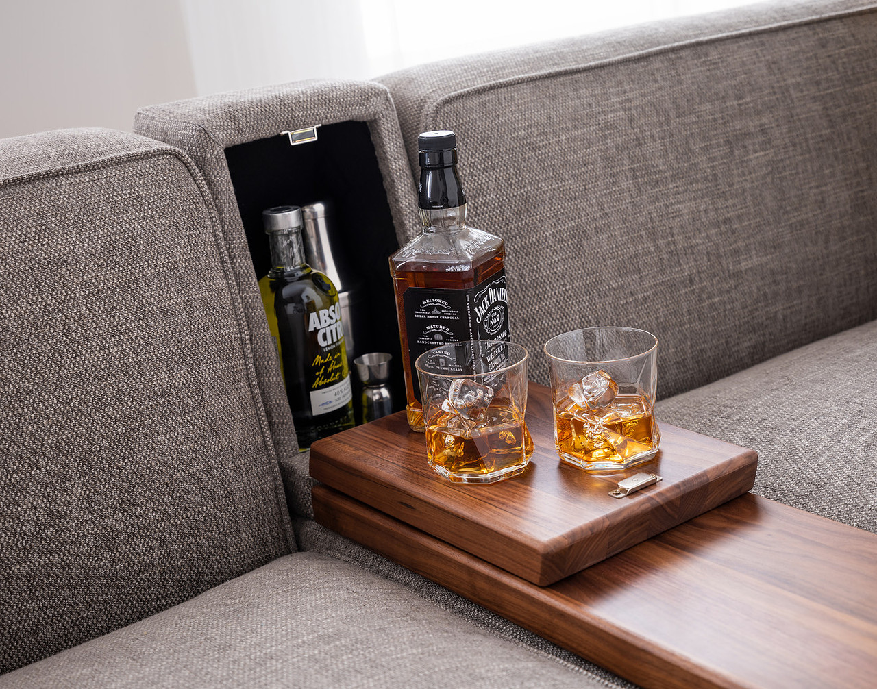 Furl Side by Side walnut divider with integrated bottle storage and lift-out tray — optional detail between the two independent beds