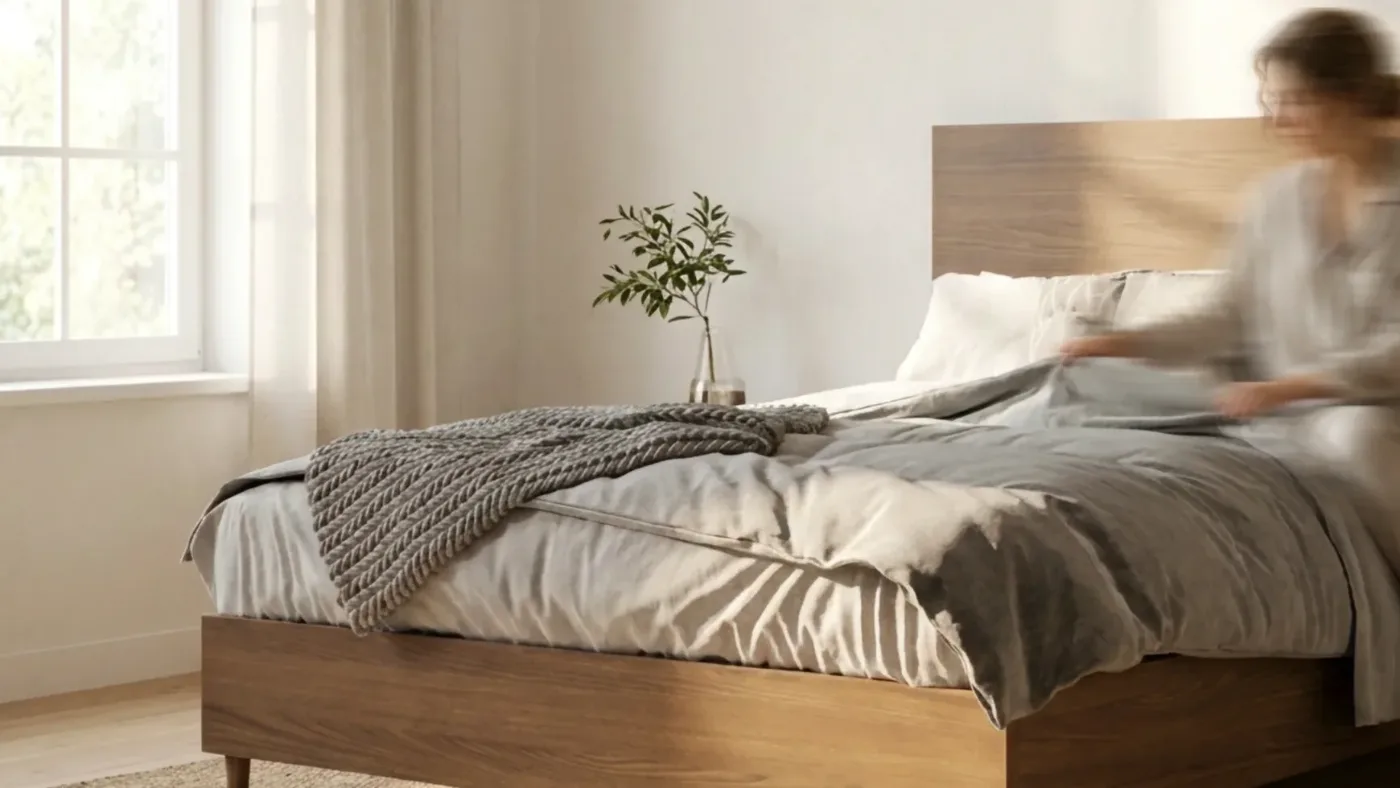 Walnut Air Wood ottoman bed on slim wooden legs, with clear space underneath for a robot vacuum