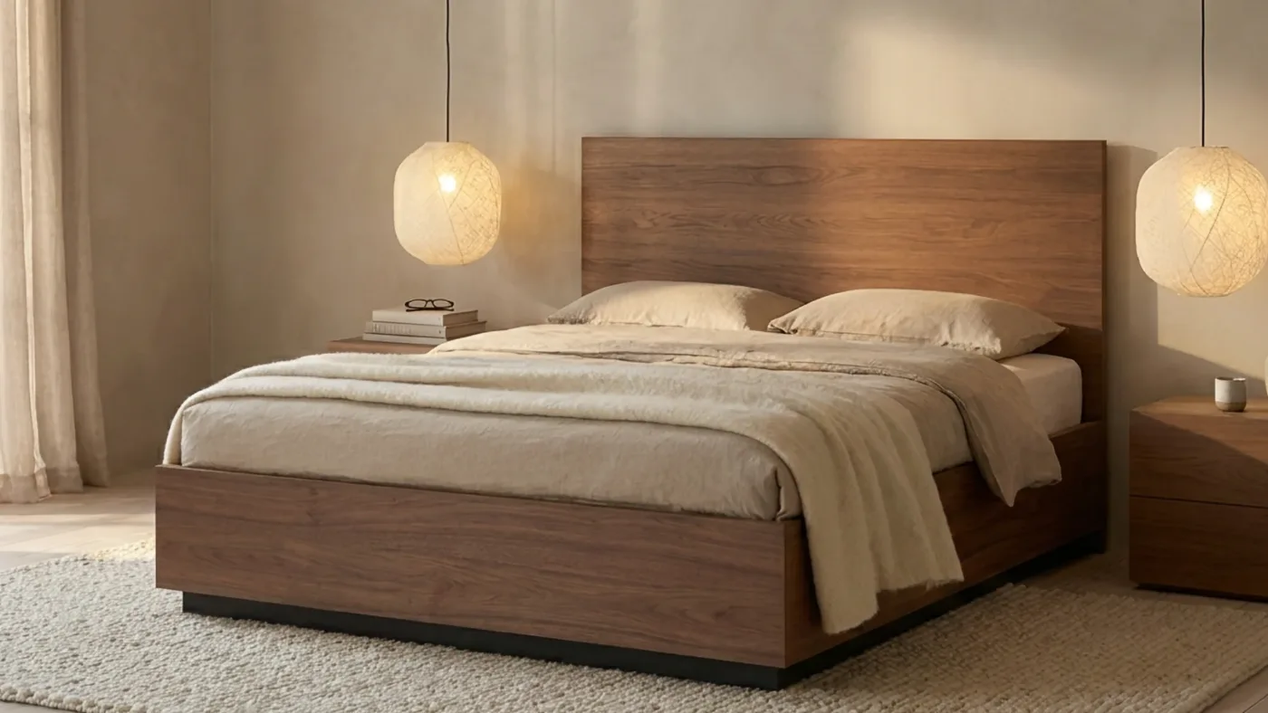 Max Wood walnut ottoman bed with a walnut headboard