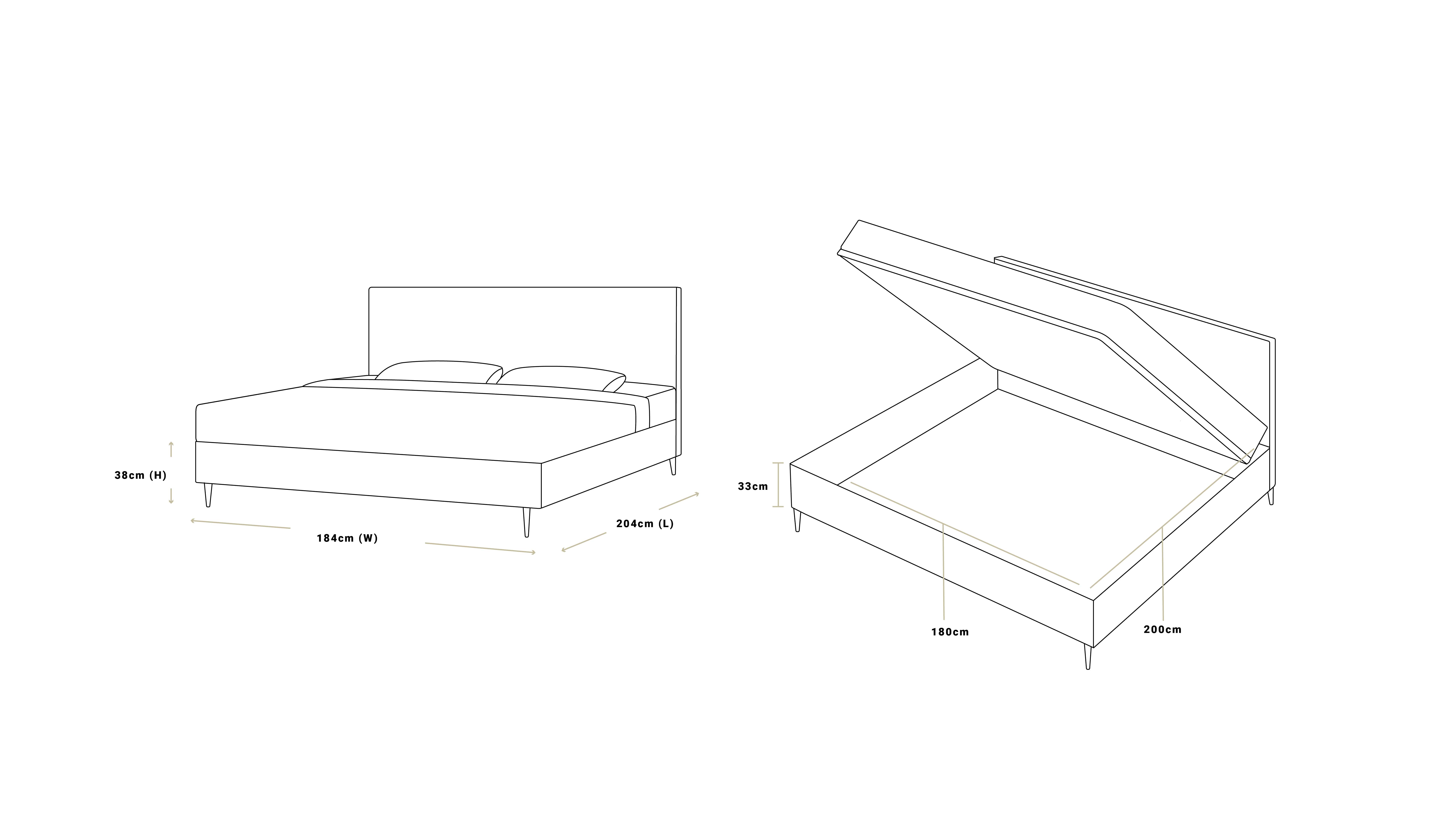 Air storage bed super king dimensions: 184cm wide, 204cm long, 36cm high, 33cm storage