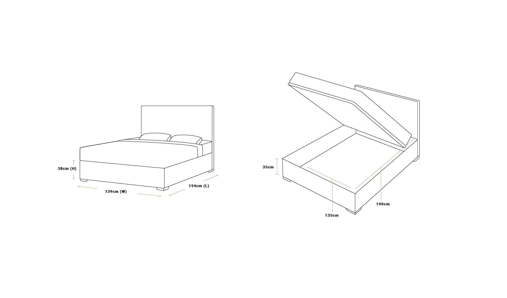 Max storage bed double dimensions: 139cm wide, 194cm long, 38cm high, 35cm storage