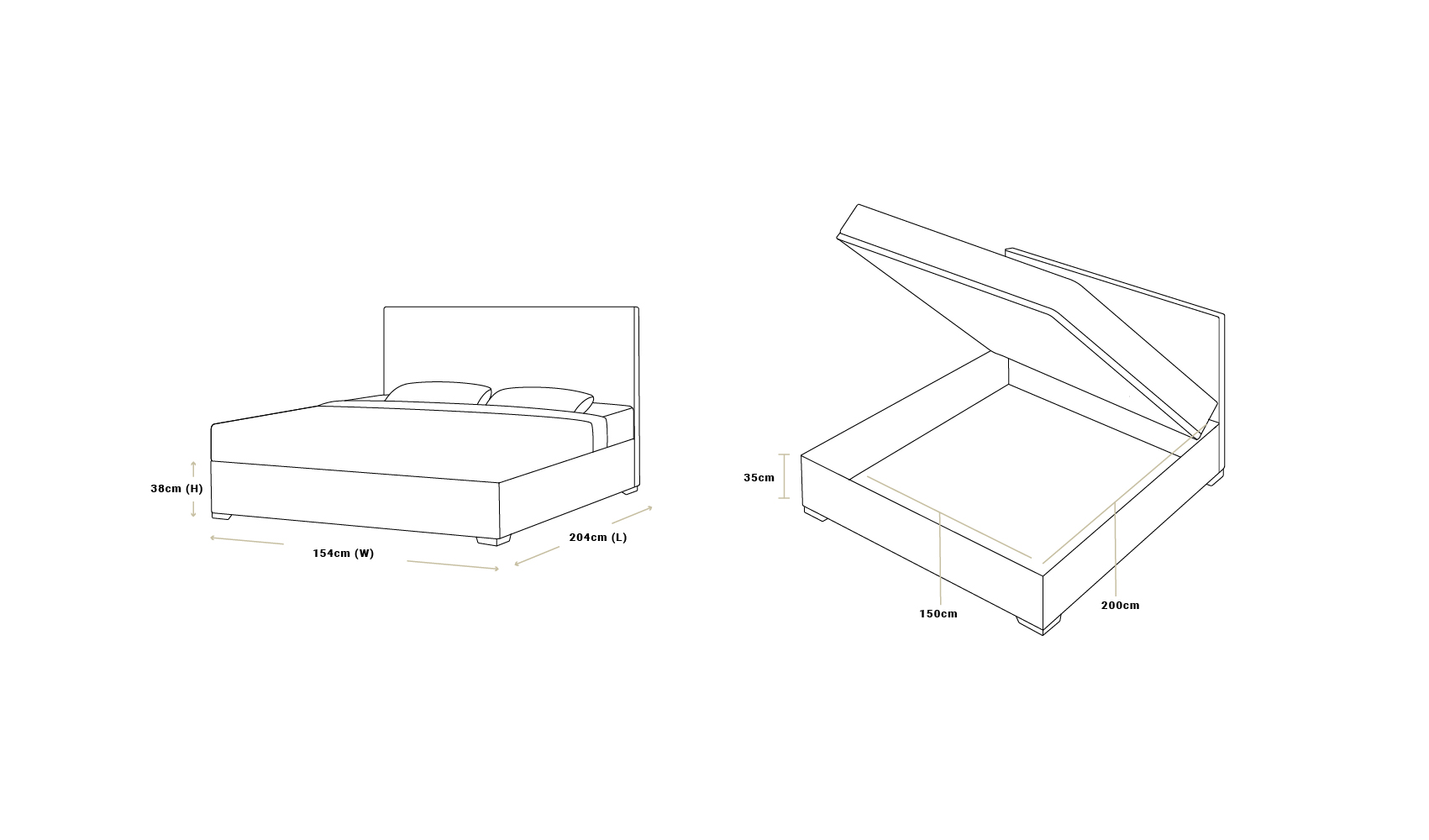 Max storage bed king dimensions: 154cm wide, 204cm long, 38cm high, 35cm storage