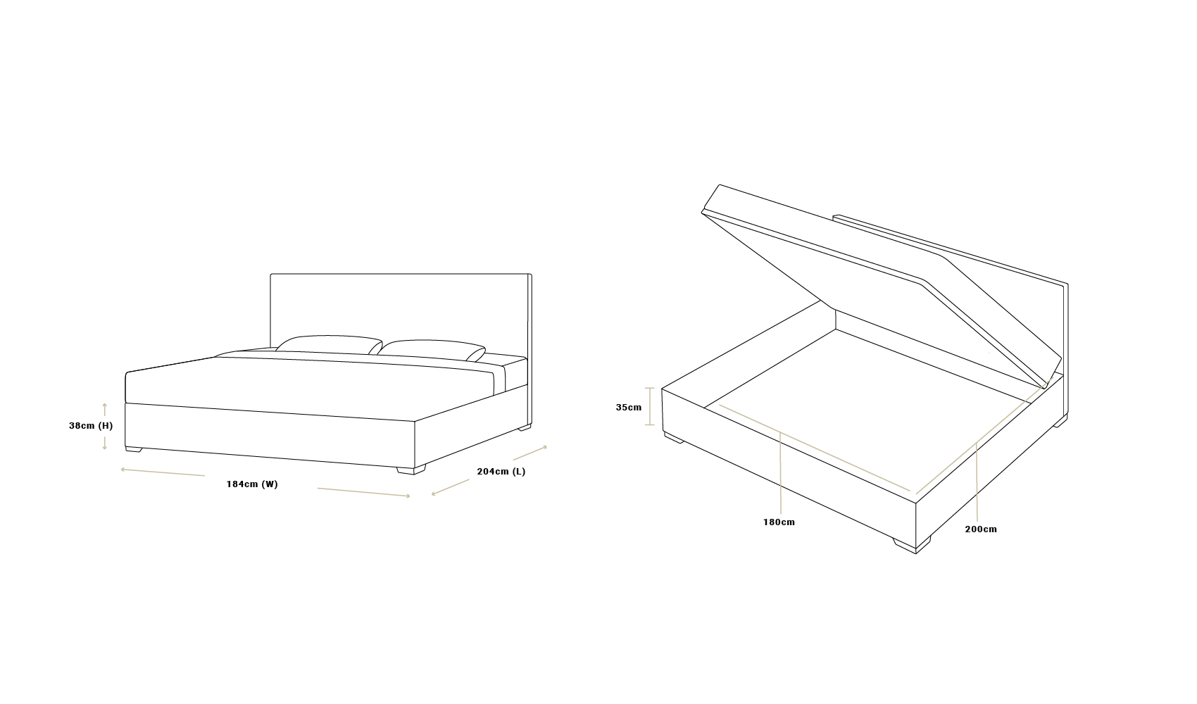 Max storage bed super king dimensions: 184cm wide, 204cm long, 38cm high, 35cm storage