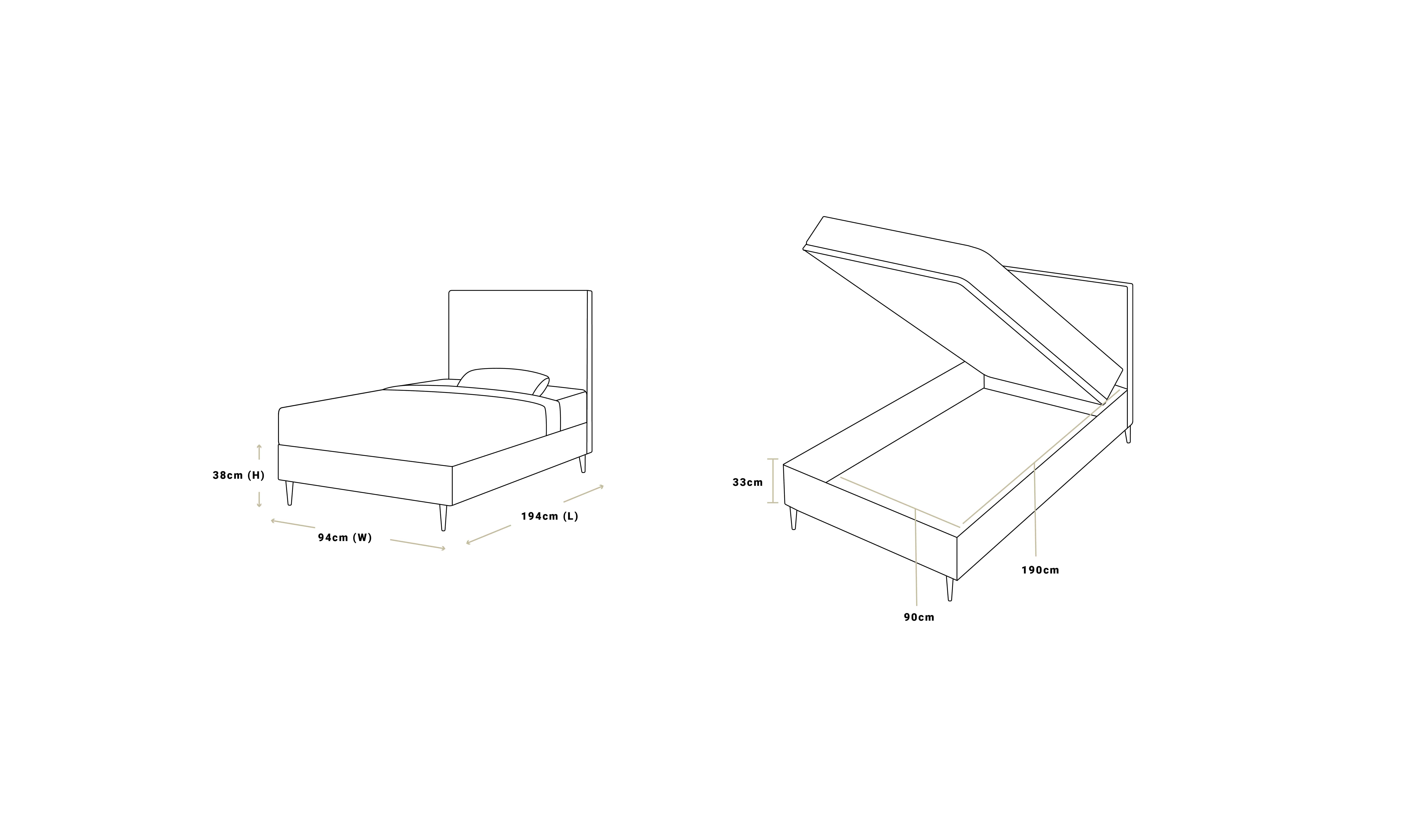 Air storage bed double dimensions: 139cm wide, 194cm long, 36cm high, 33cm storage