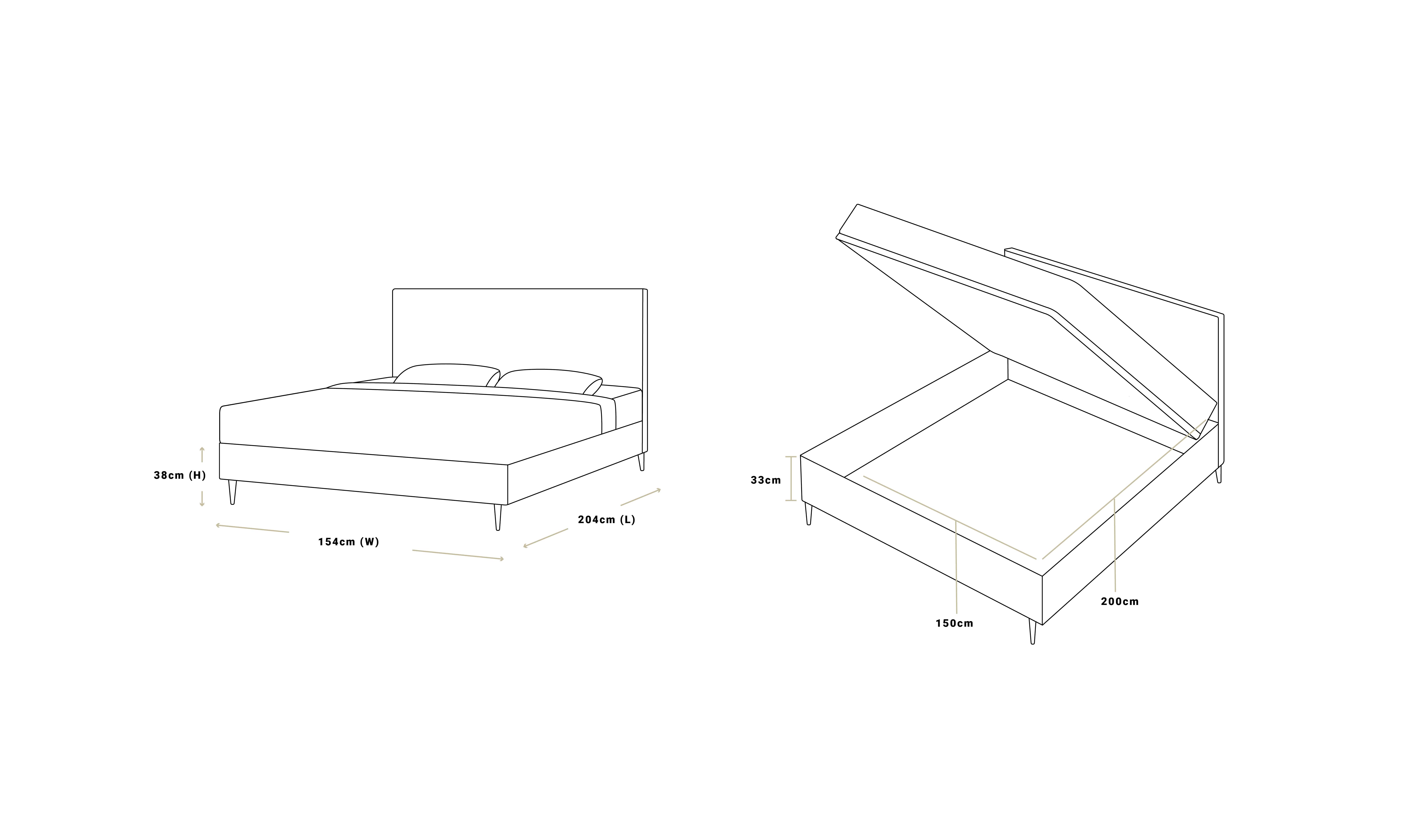 Air storage bed king dimensions: 154cm wide, 204cm long, 36cm high, 33cm storage