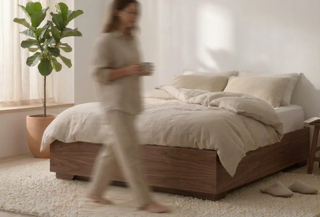 Max Wood in Walnut, No Headboard, double wooden ottoman bed
