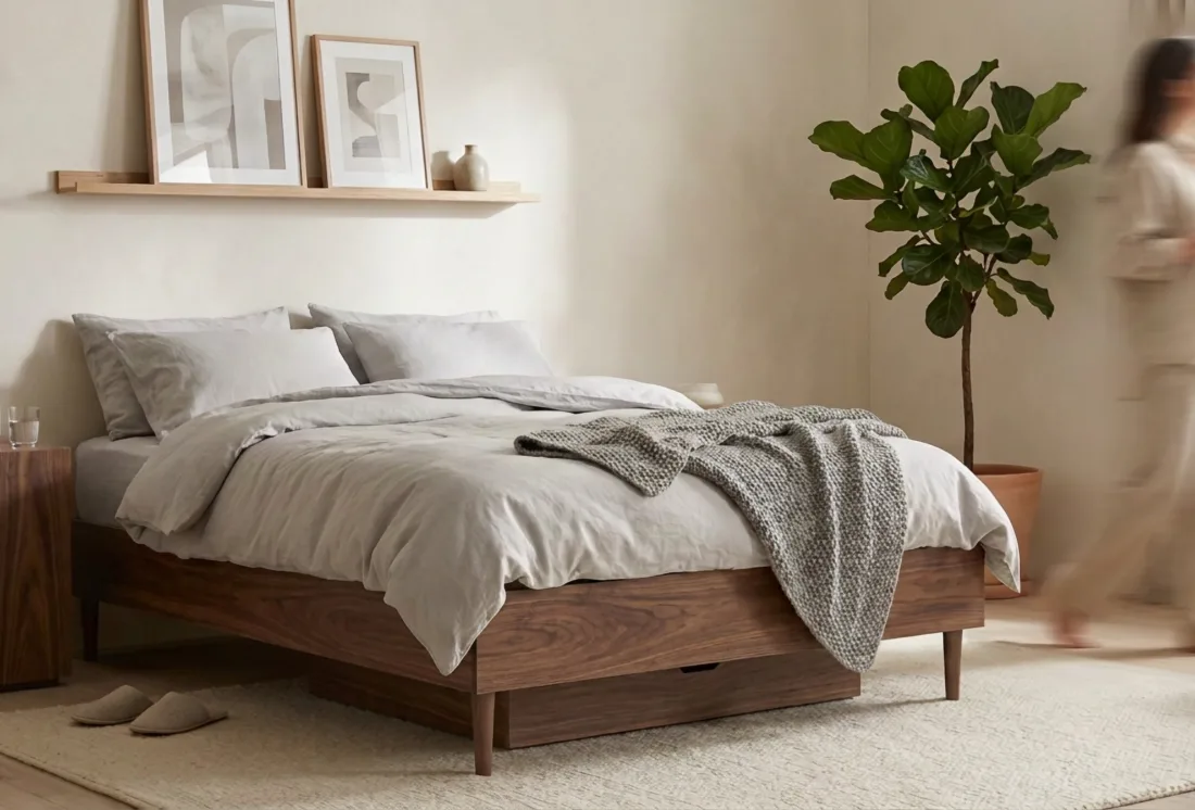 Air Wood in Walnut, No Headboard, double wooden ottoman bed
