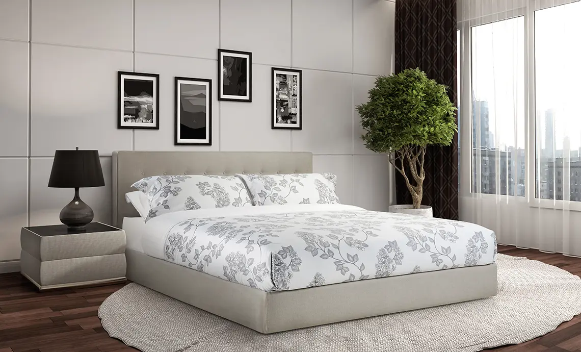 Low Storage Bed Double in Fine Weave Silver