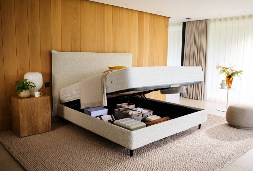 The Furl Air storage bed, lifted to show the storage space underneath